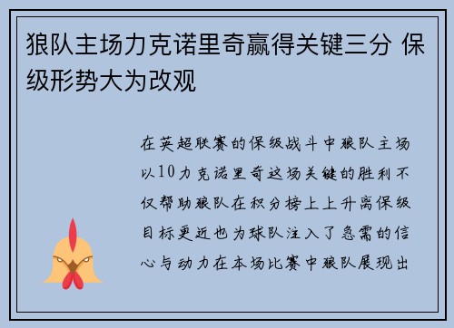 狼队主场力克诺里奇赢得关键三分 保级形势大为改观