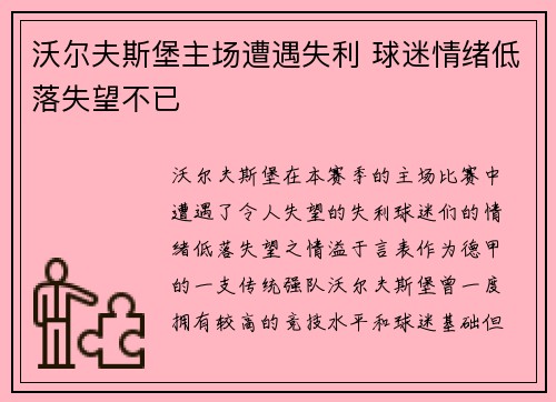 沃尔夫斯堡主场遭遇失利 球迷情绪低落失望不已