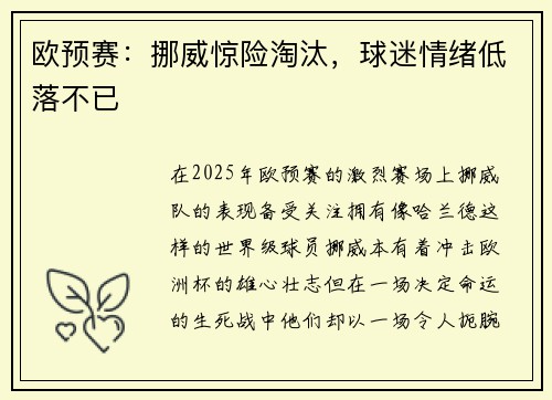 欧预赛：挪威惊险淘汰，球迷情绪低落不已